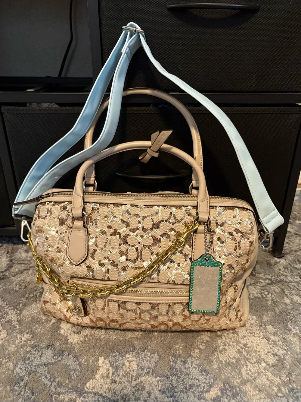 Coach poppy Beige Sequin Logo Satchel with Matching Wristlet